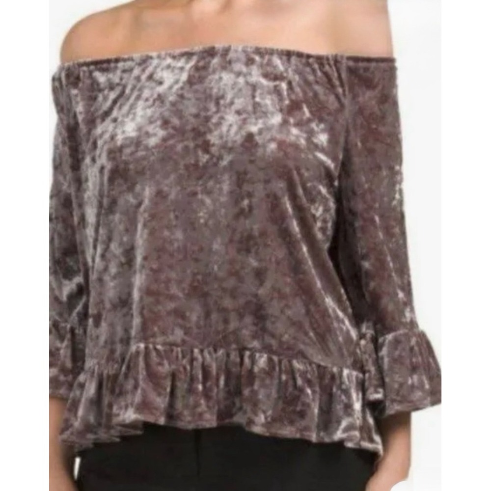 Sanctuary Velvet Off Shoulder Ruffle Bell Sleeve Top Womens Large Mauve Crushed
